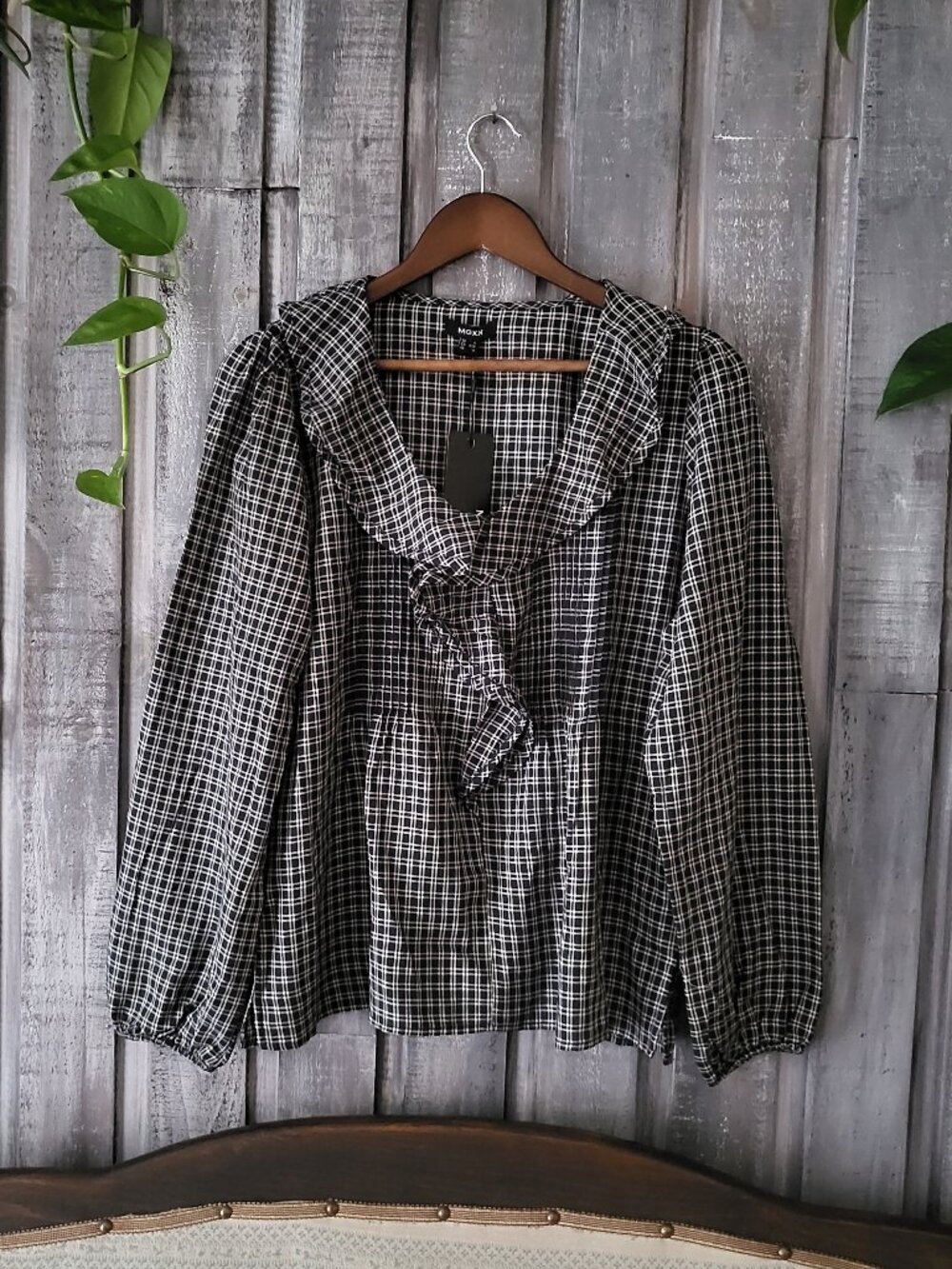Mexx Navy Blue Plaid Ruffle Neck Blouse Long Sleeve M NWT